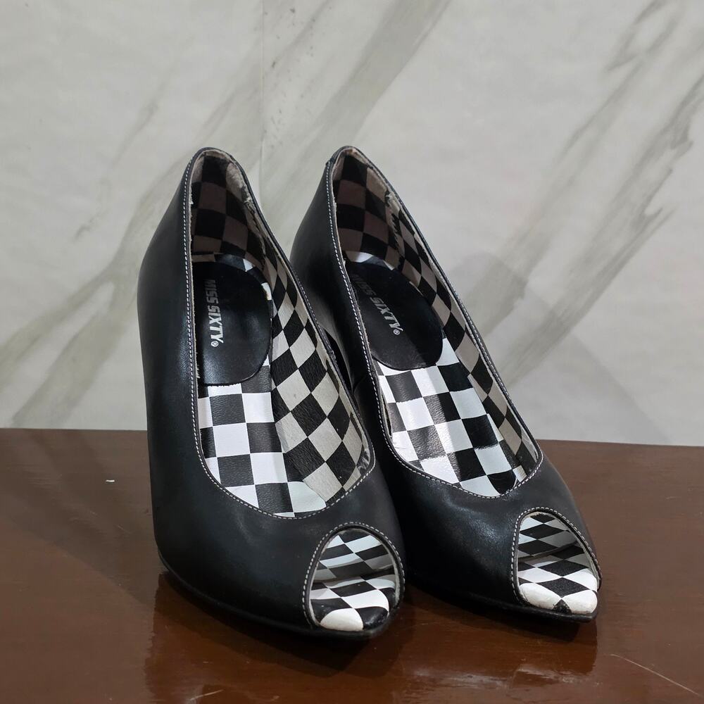 Miss Sixty Black Leather Peep Toe Heels Size 37